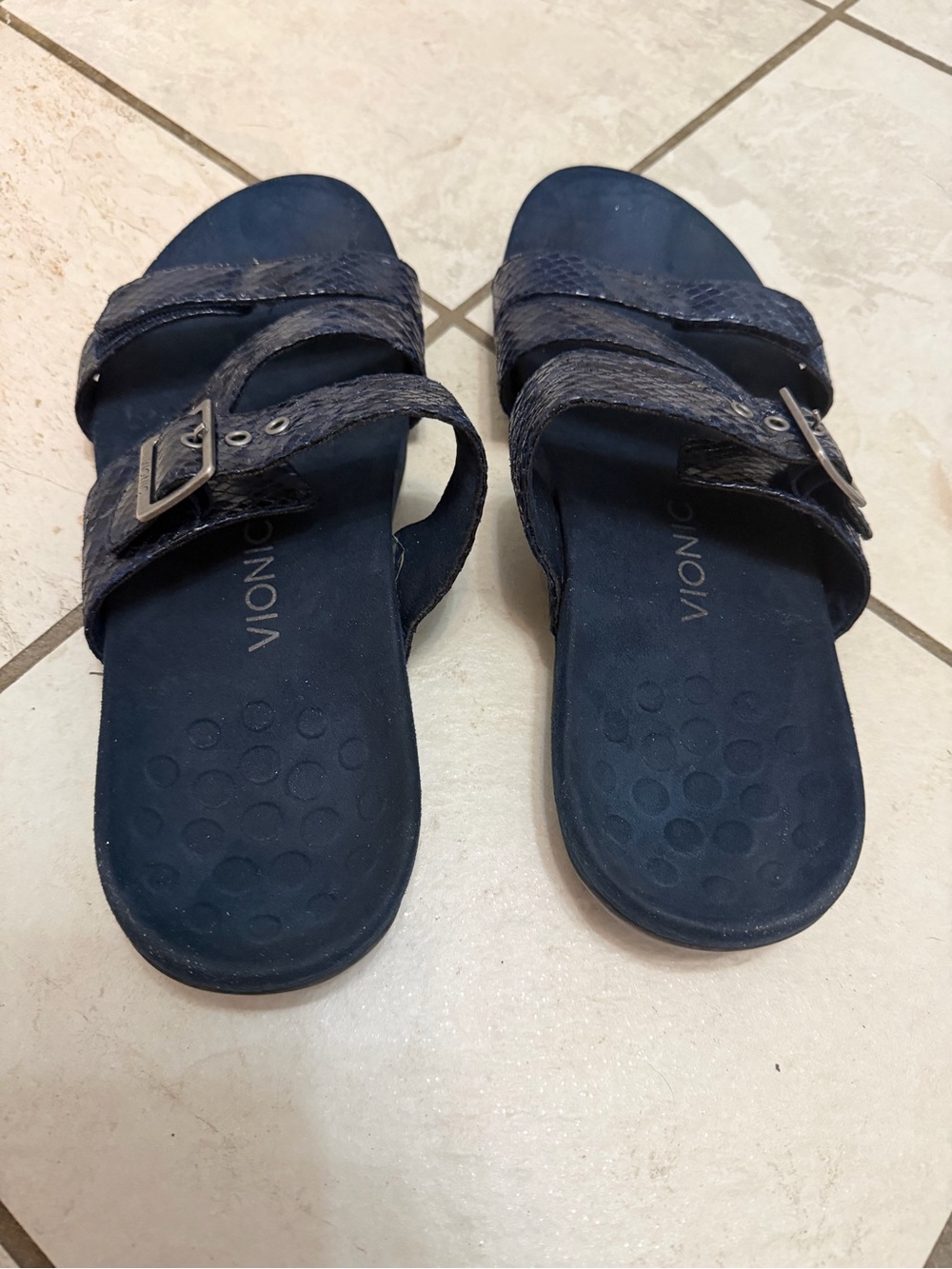 Vionic Navy Snake-Texture Triple Strap Slide Sandals - Picture 2 of 4